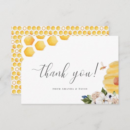 オーベイビーウォーターカラービーイエローフローラベビーシャワー  サンキューカード (正面/裏面)