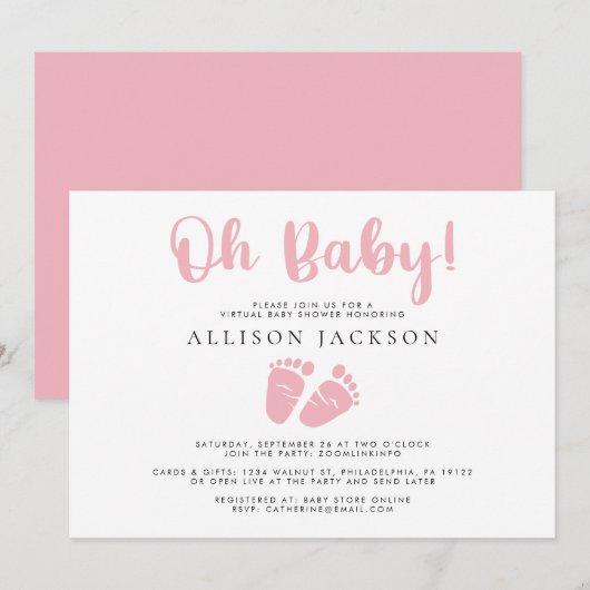 オーベイビーガール バーチャルシャワー ピンクのベビーフット シンプル 招待状 (正面/裏面)