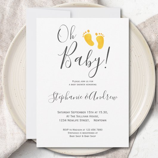オーベイビー イエロー ベイビー フット カップル ベイビー シャワー 招待状