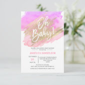 オーベイビー！ 水彩ゴールドピンクパープルベビーシャワー 招待状 (スタンド正面)