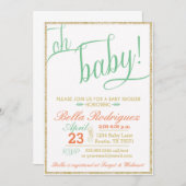 オーベイモダンビーシャワーサンゴミント金ゴールドグリッター 招待状 (正面/裏面)