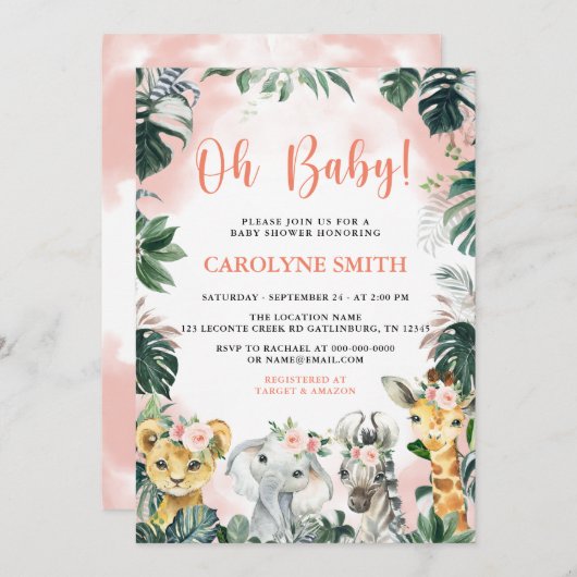 オーベビーガールサファリ動物ベビーシャワー招待状 招待状 (正面/裏面)