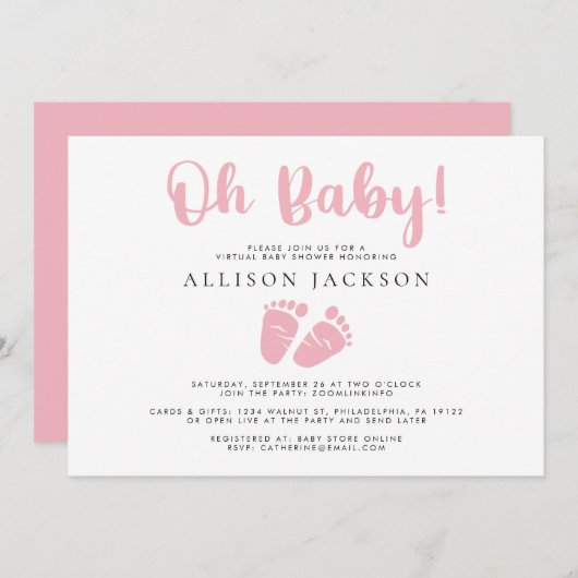 オーベビーガールバーチャルシャワーピンクベビー足シンプル 招待状 (正面/裏面)