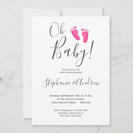 オーベビーガールピンク足カップル赤ちゃんシャワー 招待状 (正面)