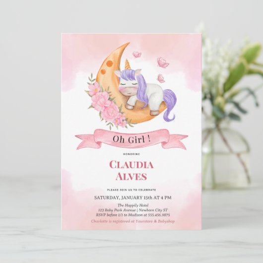 オーベビーガールユニコーンシャワー招待状 招待状 (スタンド正面)
