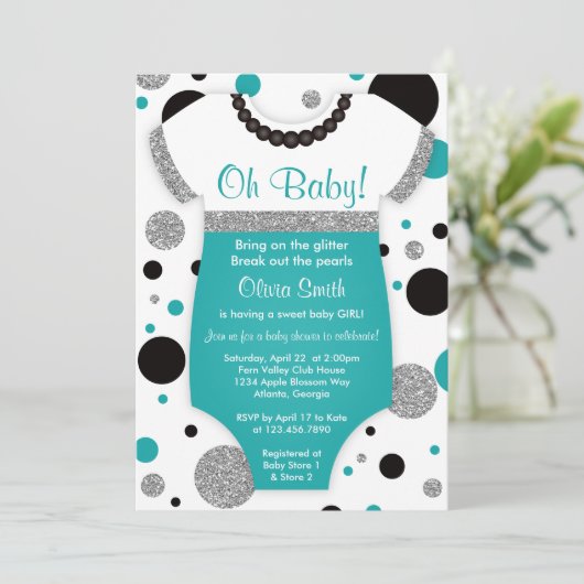オーベビーガール、ベビーシャワー招待状、フェイクグリッター 招待状 (スタンド正面)