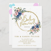 オーベビーグリーンリーピンク金ゴールドフローラガールベビーシャワー 招待状 (正面/裏面)