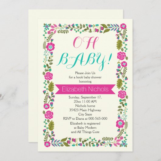 オーベビーシャワーアクアとピンクのフローラ縁ど 招待状 (正面/裏面)
