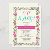 オーベビーシャワーアクア、ピンクモダンフローラ縁ど 招待状 (正面/裏面)