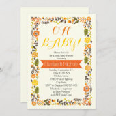 オーベビーシャワーオレンジと黄色のフローラ縁ど 招待状 (正面/裏面)