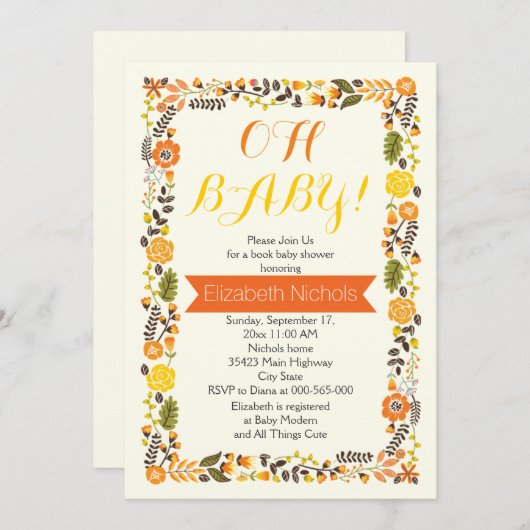 オーベビーシャワーオレンジと黄色のフローラ縁ど 招待状 (正面/裏面)