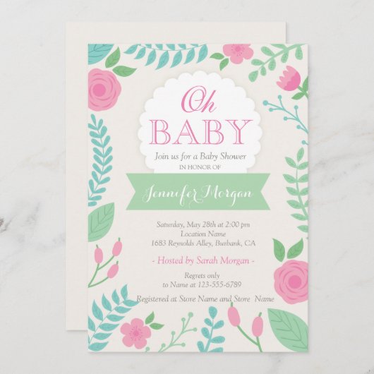 オーベビーシャワーガーリースウィートシックフローラ招待状 招待状 (正面/裏面)