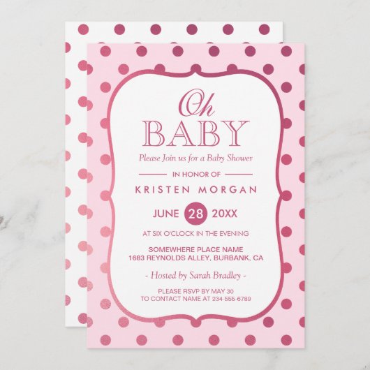 オーベビーシャワートレンディーピンクグリッター水玉模様 招待状 (正面/裏面)
