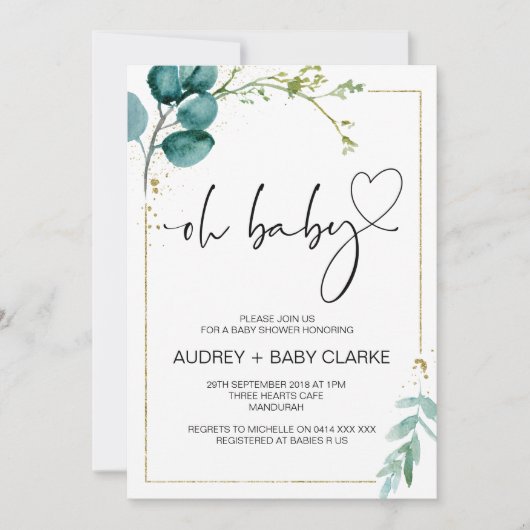 オーベビーシャワーパーティーガールボーイベビーパーティーグリーン 招待状 (正面)