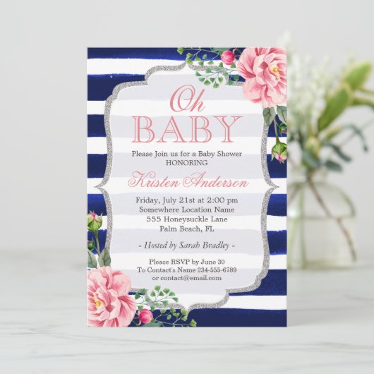 オーベビーシャワーピンクフローラシルバーネイビーブルーストライプ 招待状 (スタンド正面)