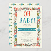 オーベビーシャワーレッドとティール（緑がかった色）モダンフローラ縁ど 招待状 (正面/裏面)