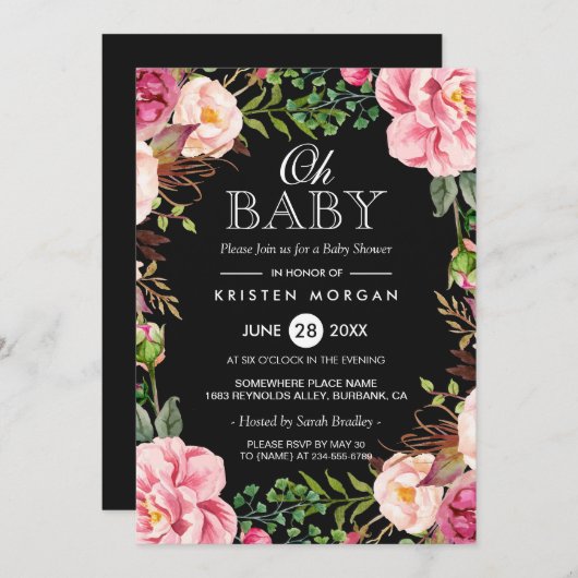 オーベビーシャワー美モダンしいフローラリースラップ 招待状 (正面/裏面)