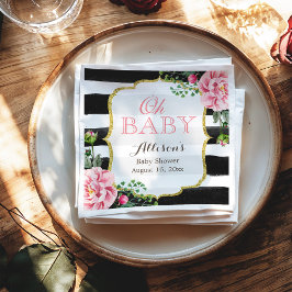 オーベビーシャワー赤面ピンクフローラ金ゴールドストライプ スタンダードカクテルナプキン