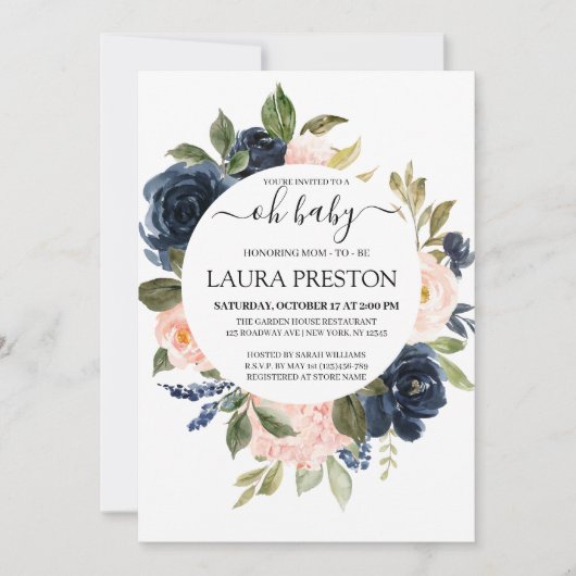 オーベビーネービーと赤面ピンクの台本のベビーシャワー 招待状 (正面)