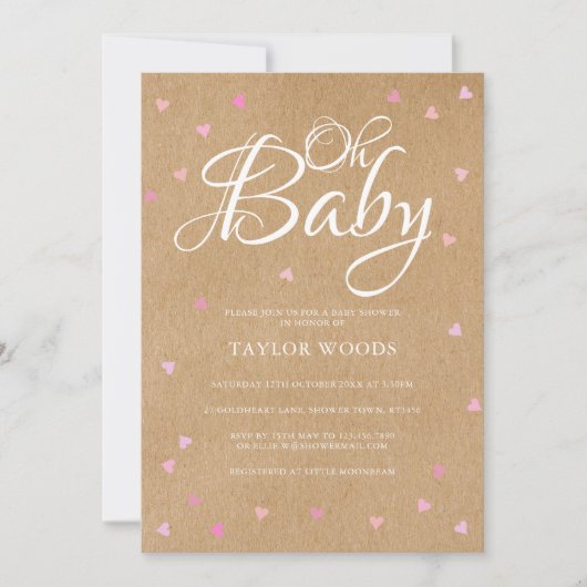 オーベビーピンかわいらしクハートベビーシャワーボ素朴ホ 招待状 (正面)