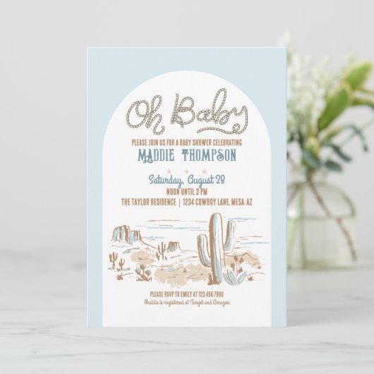 オーベビーブルーカウボーイデザートベビーシャワー招待状 招待状 (スタンド正面)