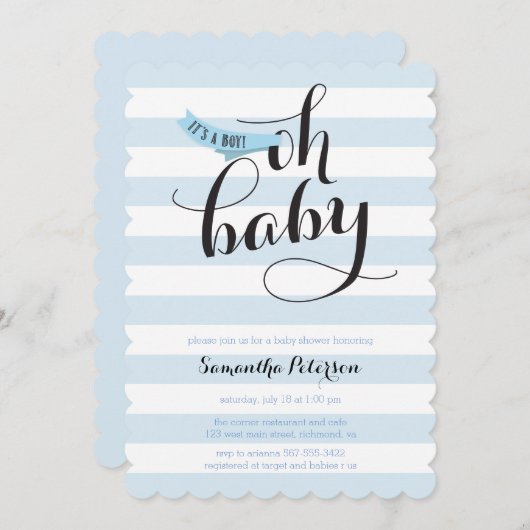 オーベビーブルーストライプズベビーシャワー招待状 招待状 (正面/裏面)