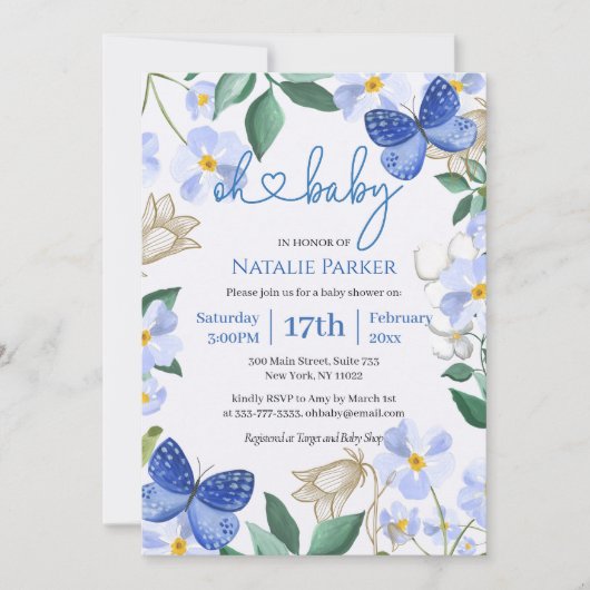 オーベビーブルーバタフライフローラボーイベビーシャワー 招待状 (正面)