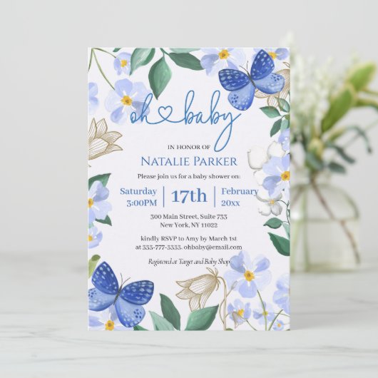 オーベビーブルーバタフライフローラボーイベビーシャワー 招待状 (スタンド正面)