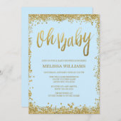 オーベビーブルー金ゴールドグリッターベビーシャワー 招待状 (正面/裏面)