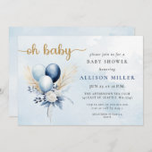 オーベビーブルー金ゴールドパンパスボホボーイベビーシャワー 招待状 (正面/裏面)