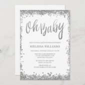 オーベビーホワイトシルバーグリッターベビーシャワー 招待状 (正面/裏面)