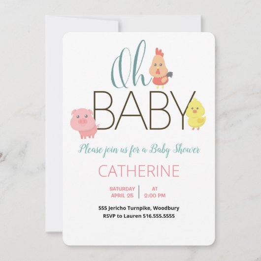 オーベビー農場の動物のベビー素朴シャワー 招待状 (正面)