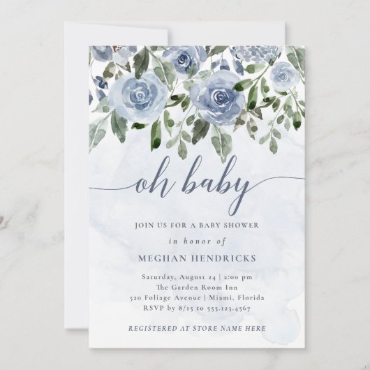 オーベビー |ほこりっぽい青い水色の花シャワー 招待状 (正面)