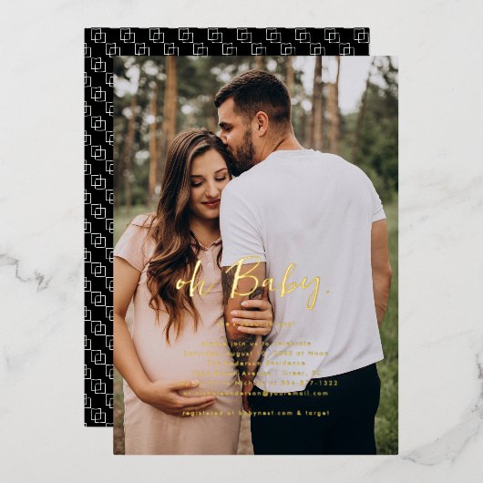 オーベビー |写真シンプル赤ちゃんシャワー 箔招待状 (正面/裏面)