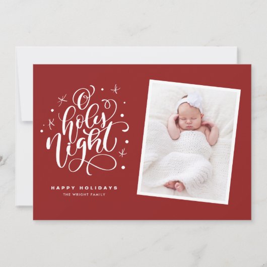 オーホーリーナイトスクリプトレッドベビー写真クリスマス シーズンカード (正面)