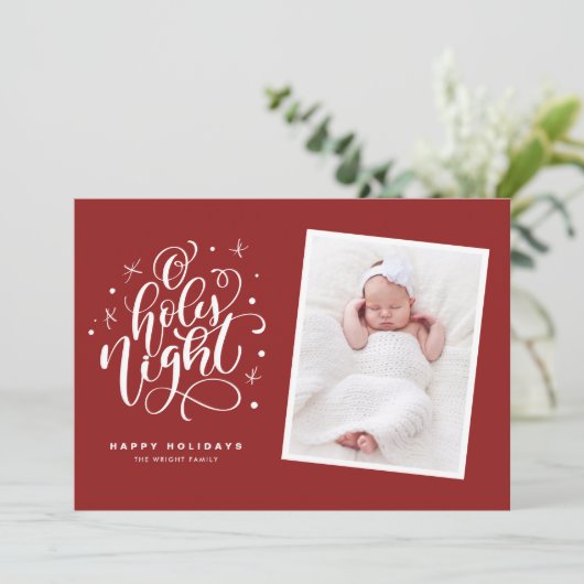 オーホーリーナイトスクリプトレッドベビー写真クリスマス シーズンカード (スタンド正面)