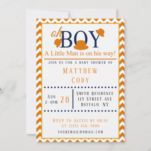 オーボーイオレンジとブルーベビーシャワー招待状 招待状 (正面)