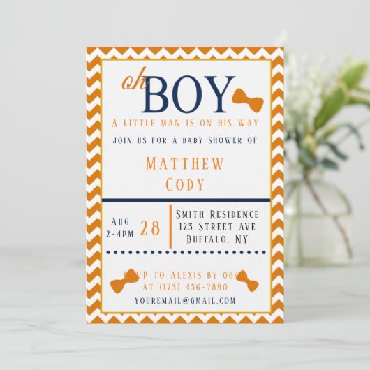 オーボーイオレンジとブルーベビーシャワー招待状 招待状 (スタンド正面)