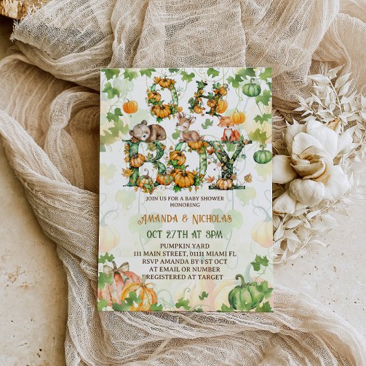 オーボーイカボチャ&ウッドランド動物秋ベビーシャワー 招待状