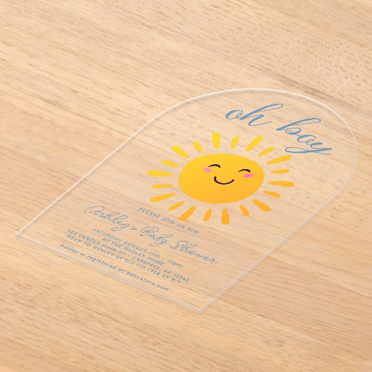 オーボーイサンシャインブルーベビーシャワー アクリル招待状 (レイダウン)