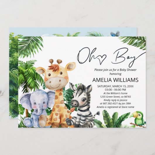 オーボーイジャングルサファリベイビーシャワーグリーン招待状 招待状 (正面/裏面)