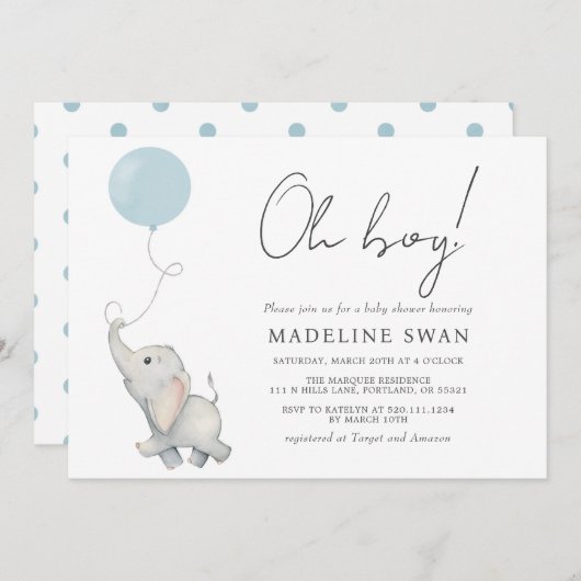 オーボーイスウィートエレファントベビーシャワー招待状 招待状 (正面/裏面)