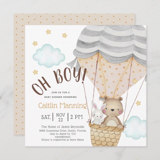 オーボーイテディベアウッドランドニュートラルベビーシャワー 招待状 (正面/裏面)