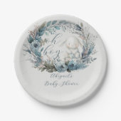 オーボーイバニーラビットブルーフローラリースベビーシャワー ペーパープレート (正面)