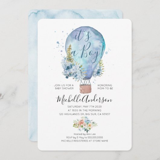 オーボーイバルーンベビーシャワー招待状 招待状 (正面/裏面)