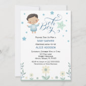 オーボーイパステルグリーン&ブルースターズ&フラワーカワイイ 招待状 (正面)