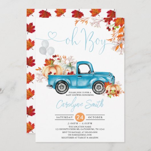 オーボーイパンプキンブルートラック秋ベビーシャワー 招待状 (正面/裏面)