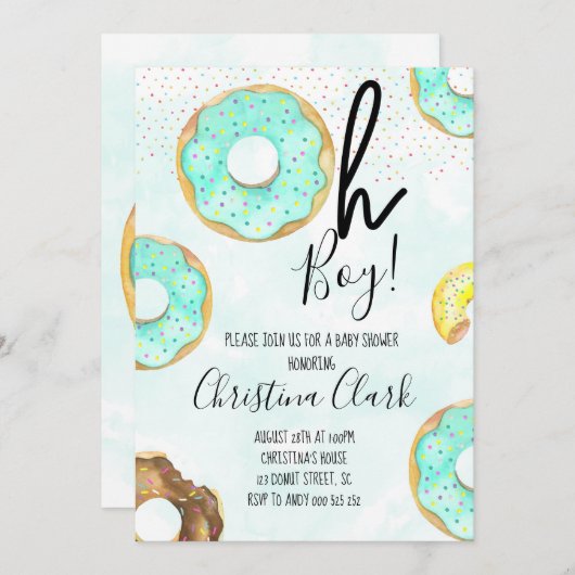 オーボーイブルードーナツテーマベビーシャワー 招待状 (正面/裏面)