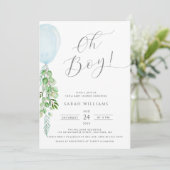 オーボーイブルーバルーンユーカリ赤ちゃんシャワー 招待状 (スタンド正面)