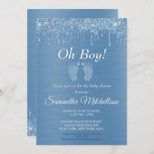 オーボーイブルーベビーシャワーグリッタードリップベビー足 招待状 (正面/裏面)